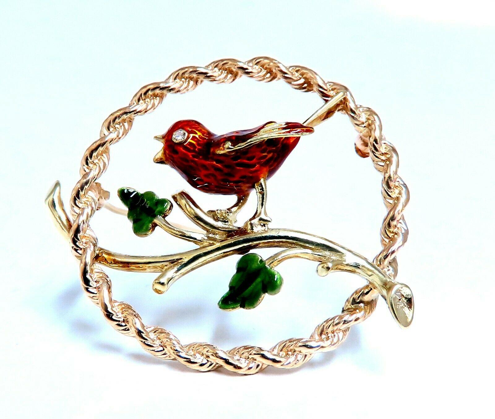 Women's or Men's Enamel Chirping Bird Brooch Pin 14kt For Sale