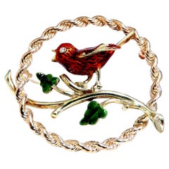 Enamel Chirping Bird Brooch Pin 14kt*