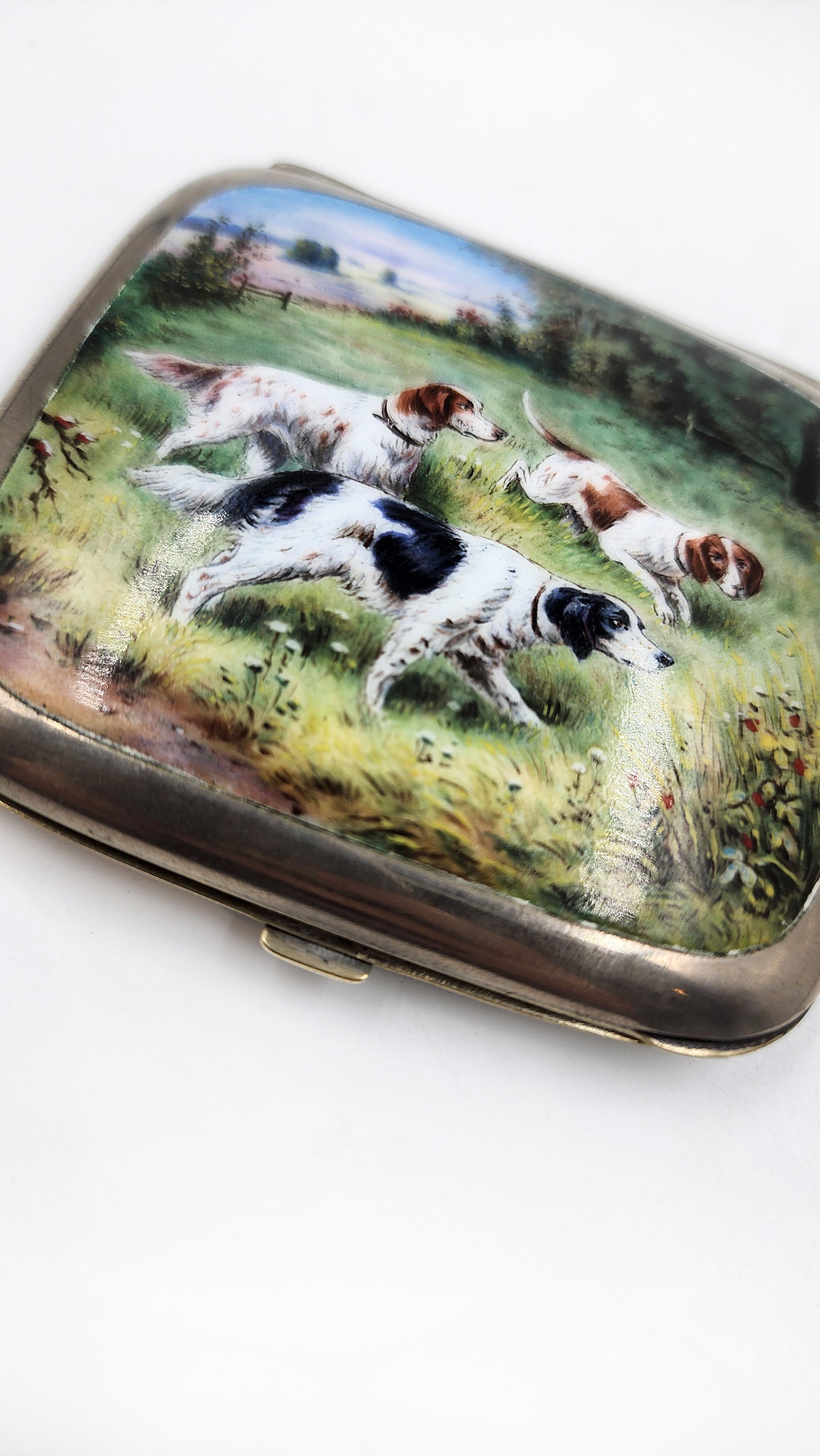 Hand-Painted Enamel cigarette case with hunting dog design For Sale
