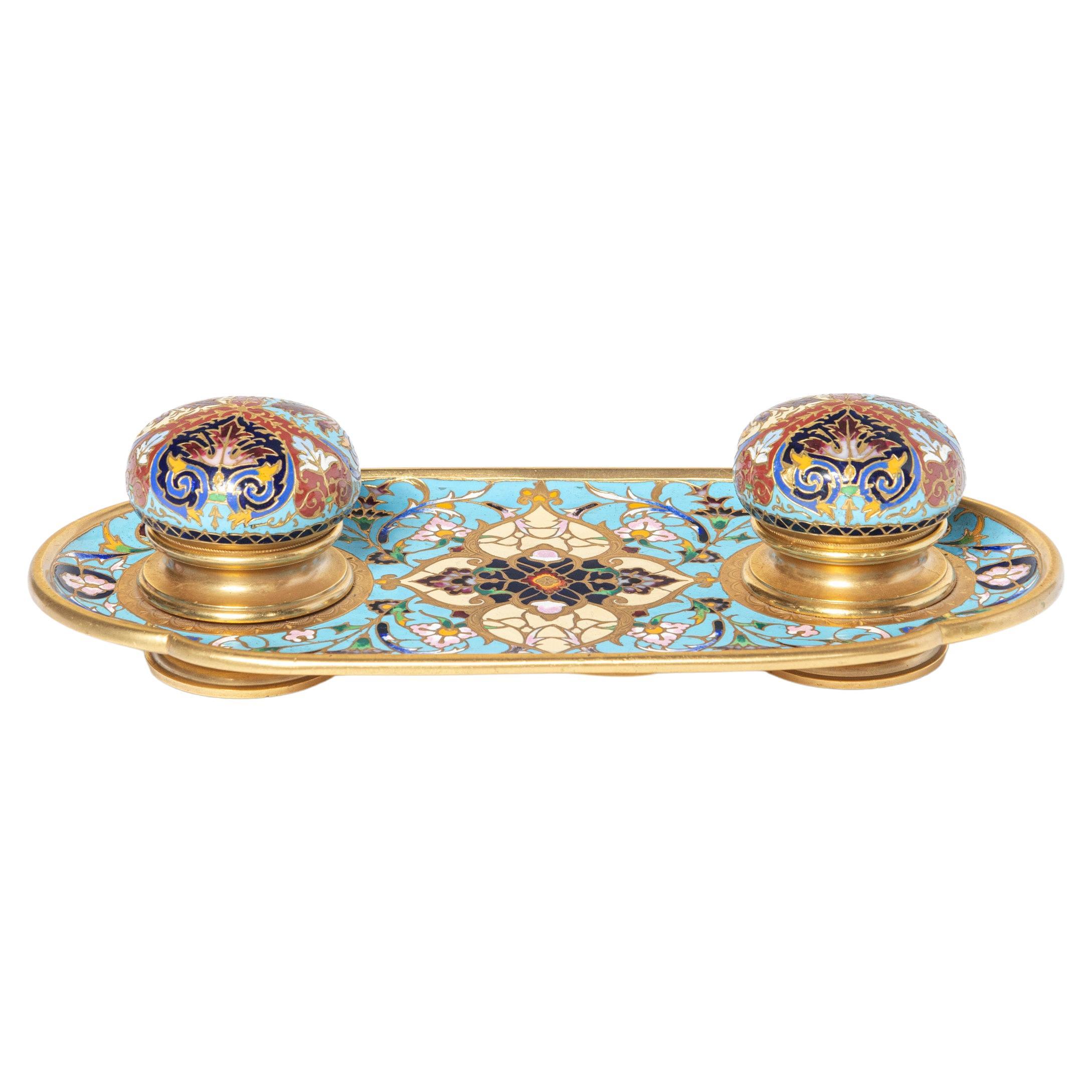 Enamel cloissoné and gilt bronze inkwell. France, late 19th century. For Sale