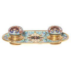 Antique Enamel cloissoné and gilt bronze inkwell. France, late 19th century.