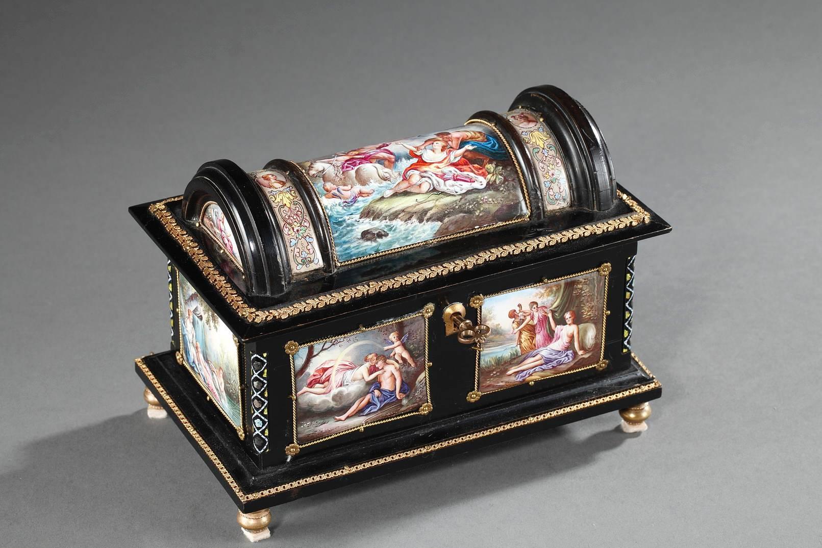 Small, rectangular, enamel coffer decorated with mythological scenes that are framed with spiraling lines of ormolu and attached with flowers at the corners. The Rape of Proserpina by the god Pluto adorns the lid. The front and back of the box are