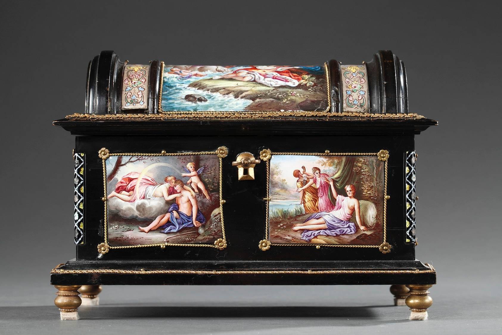 Louis XVI Enamel Coffer with Mythological Scenes Signed Klein in Paris, 19th Century For Sale
