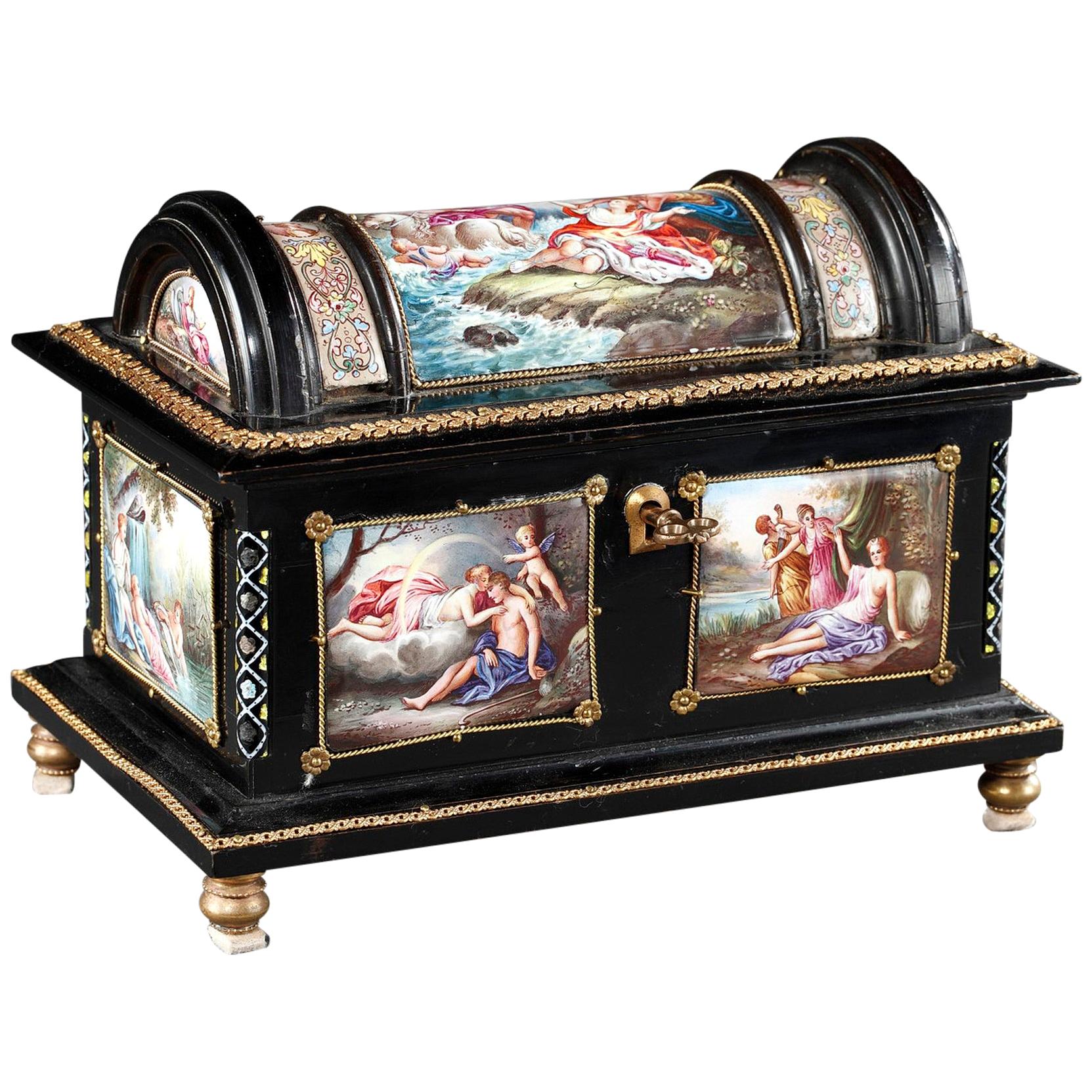 Enamel Coffer with Mythological Scenes Signed Klein in Paris, 19th Century For Sale