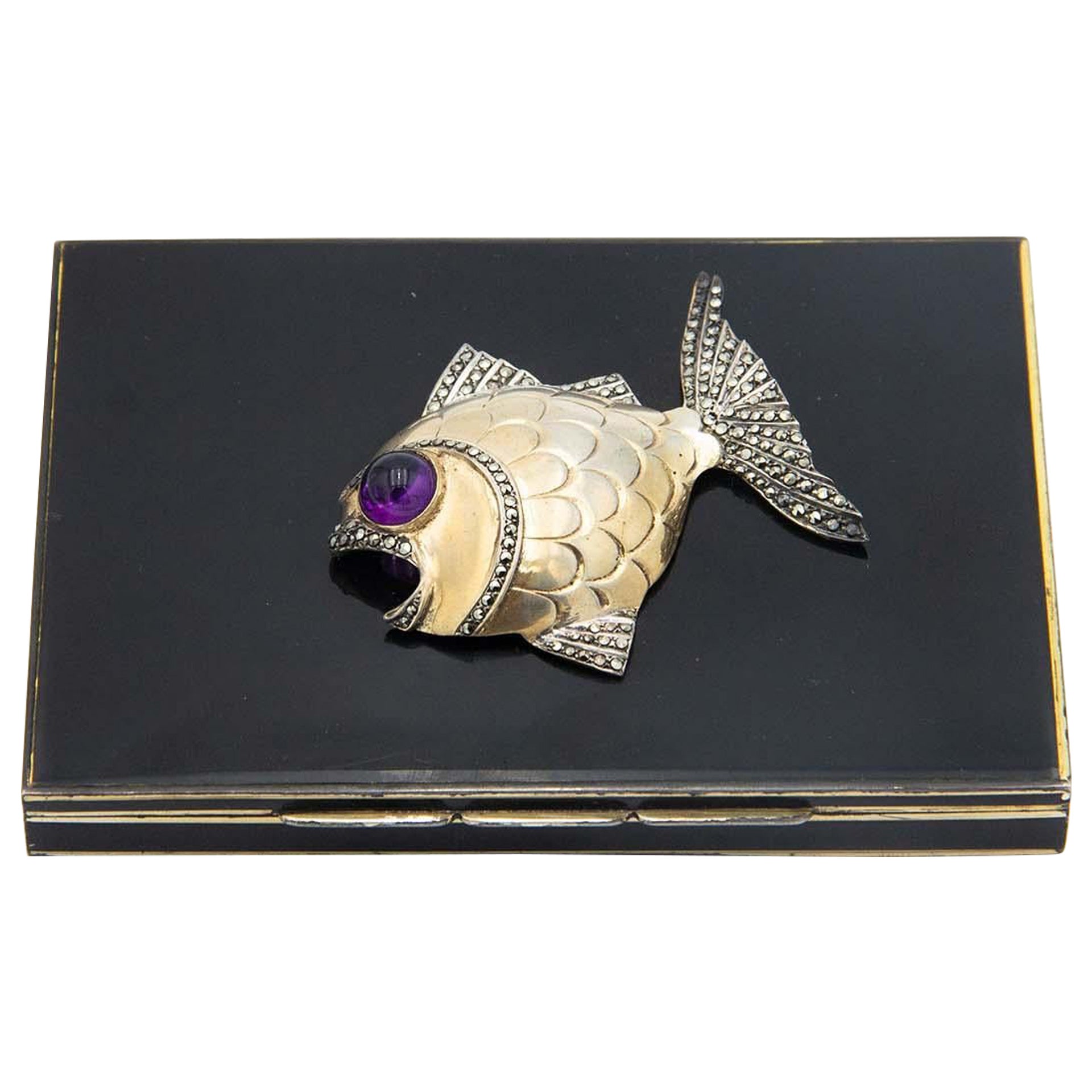 Enamel-covered silver cigarette case with fish on the lid