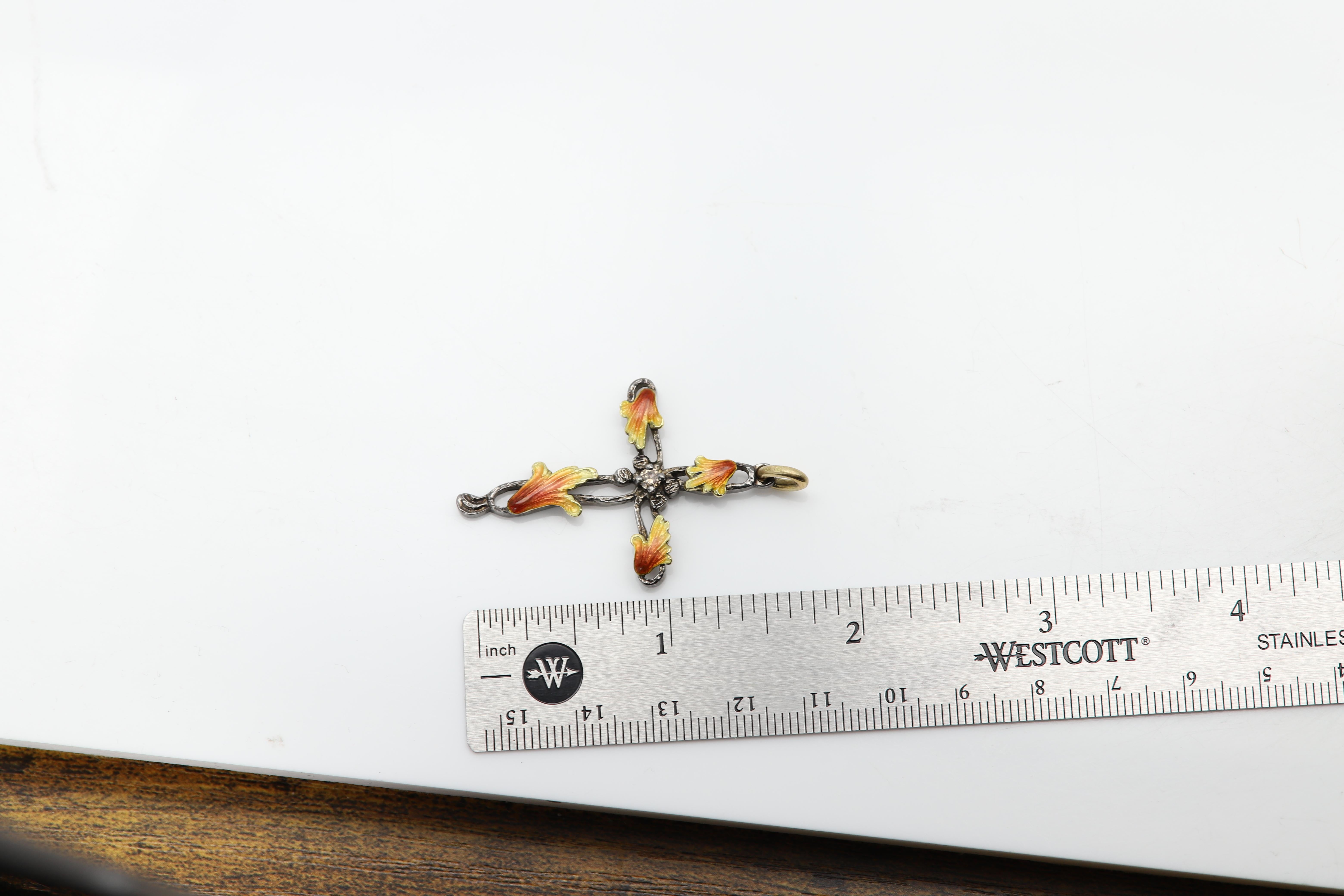 Rough Cut Vintage Enamel Cross 18 Karat Yellow Gold Sterling Silver & Sapphire Gemstone For Sale