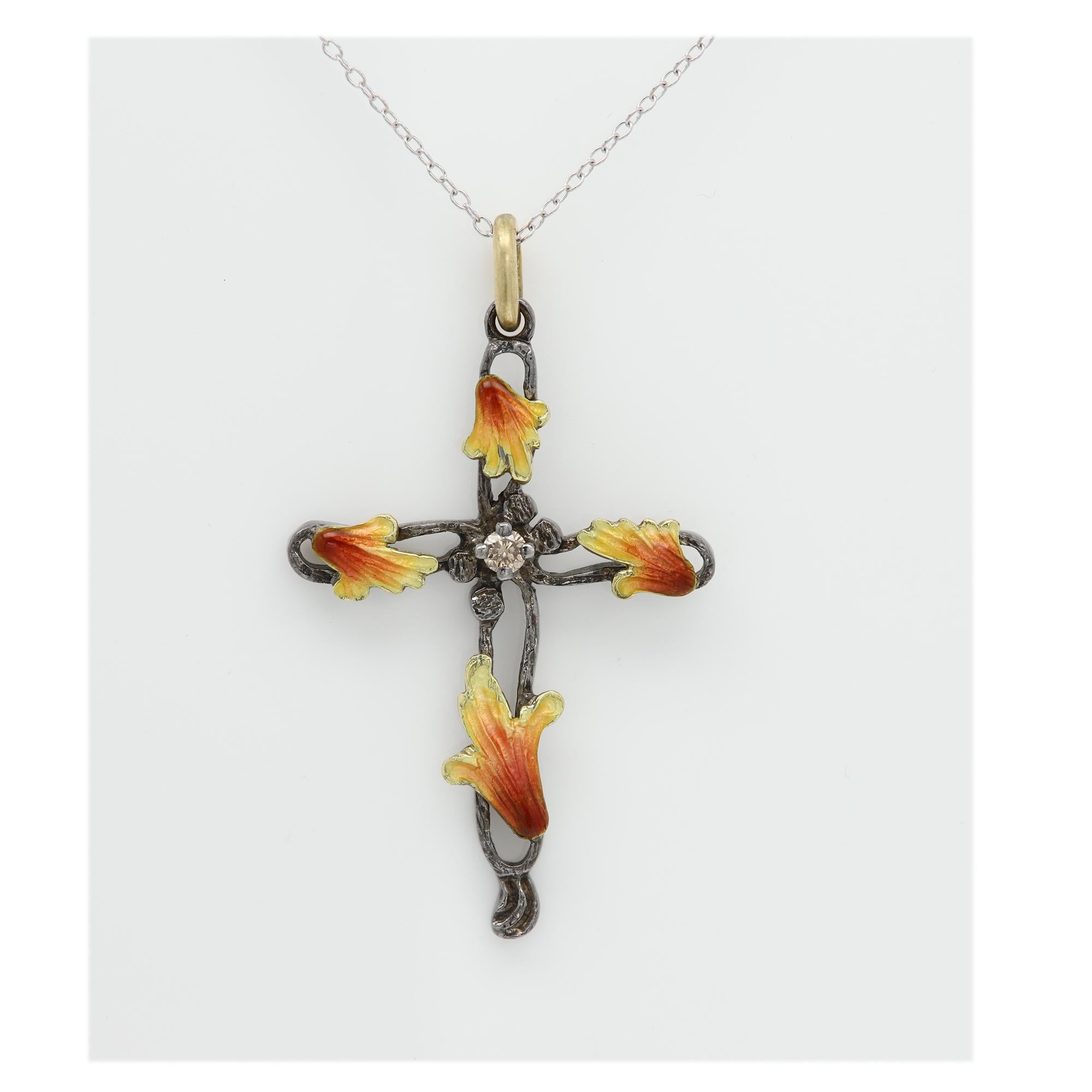 Women's Vintage Enamel Cross 18 Karat Yellow Gold Sterling Silver & Sapphire Gemstone For Sale