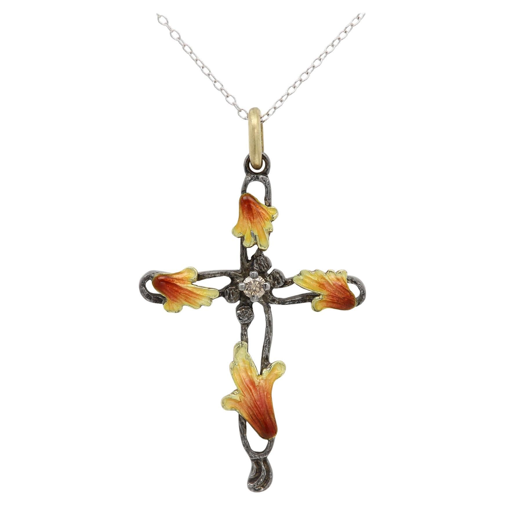 Vintage Enamel Cross 18 Karat Yellow Gold Sterling Silver & Sapphire Gemstone