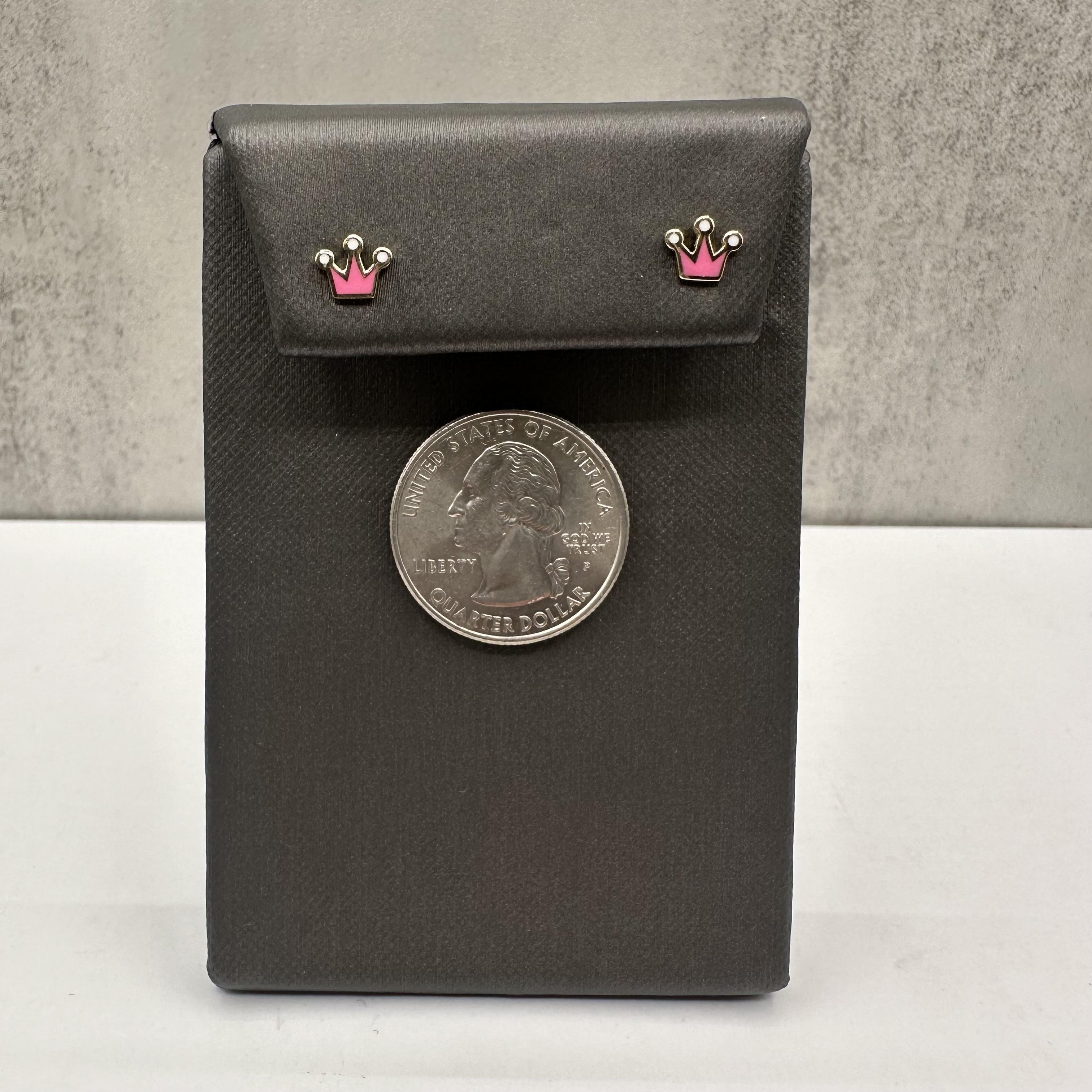 Women's Enamel Crown Studs in 14kt Yellow Gold – Pink and White Enamel, 5.75mm Height For Sale