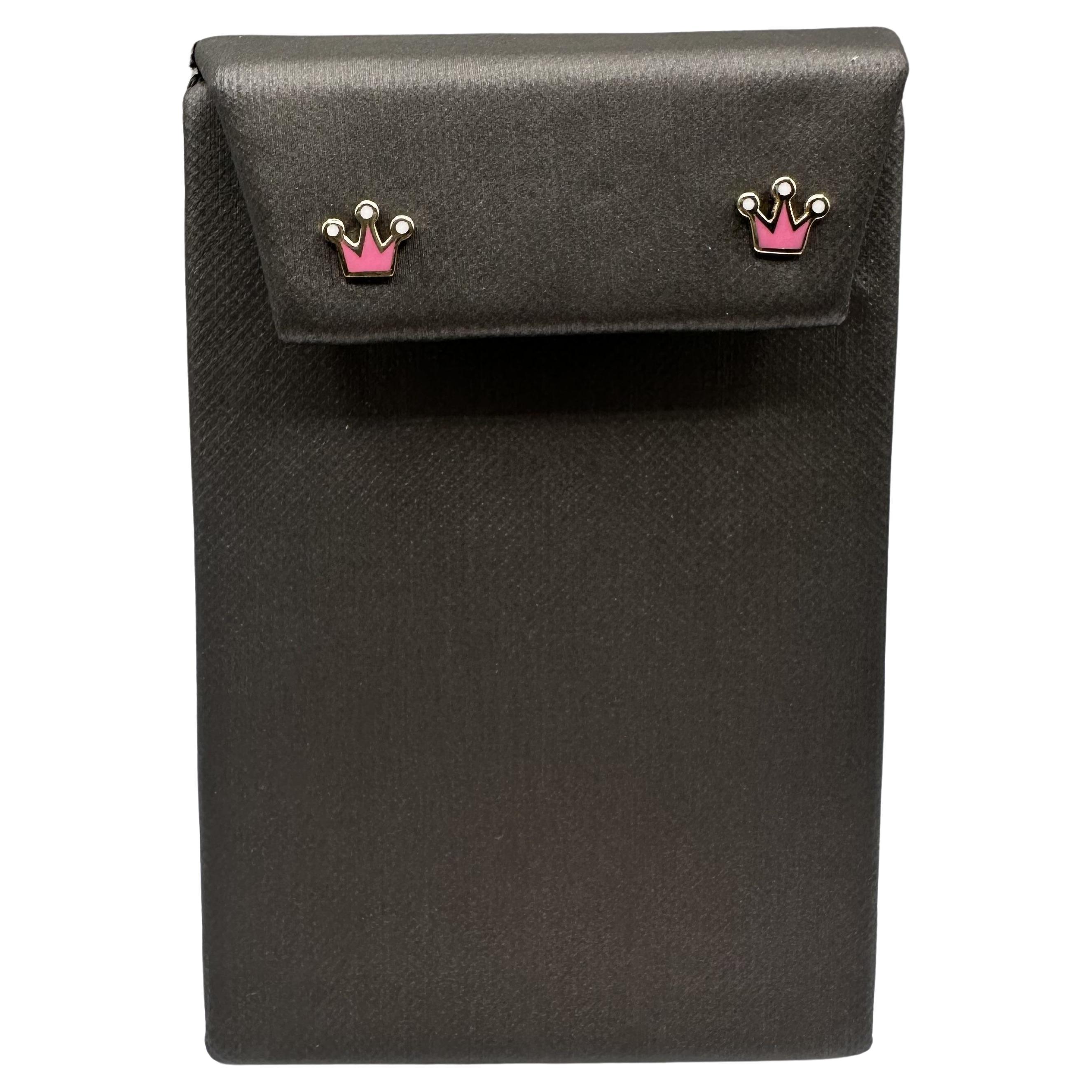 Enamel Crown Studs in 14kt Yellow Gold – Pink and White Enamel, 5.75mm Height For Sale