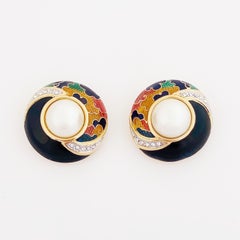 Enamel, Crystal & Faux Pearl Domed Button Earrings By Guy Laroche, 1980s