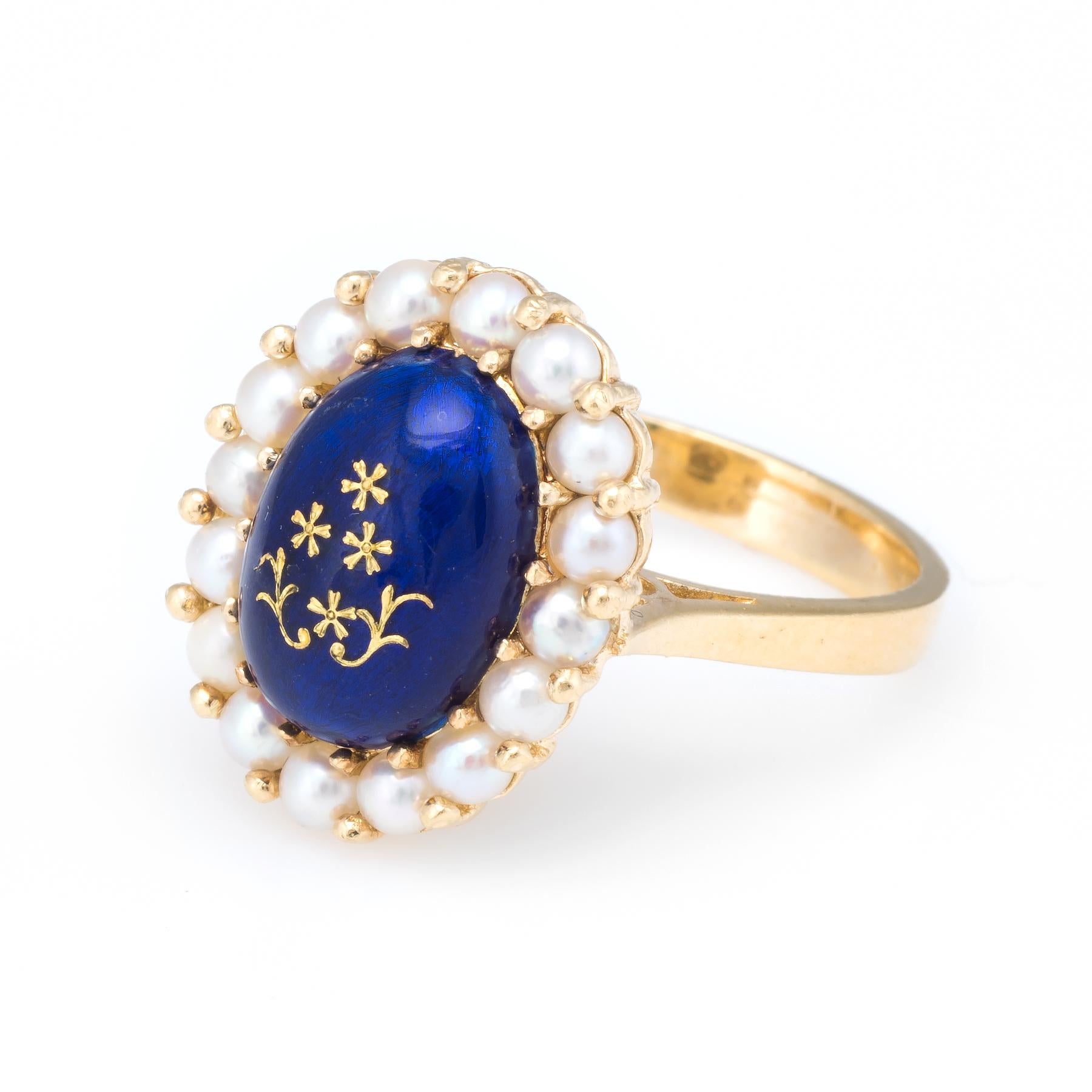Round Cut Enamel Cultured Pearl Princess Cocktail Ring Vintage 18k Yellow Gold Estate Fine