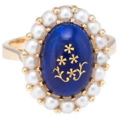 Enamel Cultured Pearl Princess Cocktail Ring Vintage 18k Yellow Gold Estate Fine