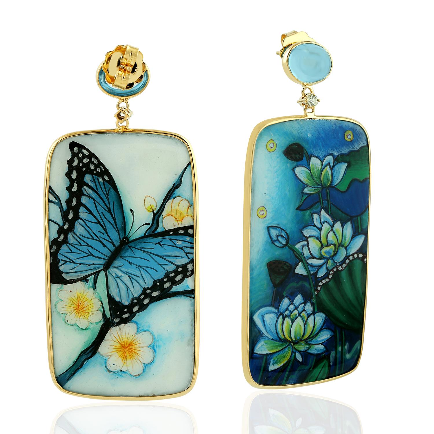 Art Deco Enamel Hand Painted Earring with Multi Gemstone & Diamonds In 18k Yellow Gold For Sale
