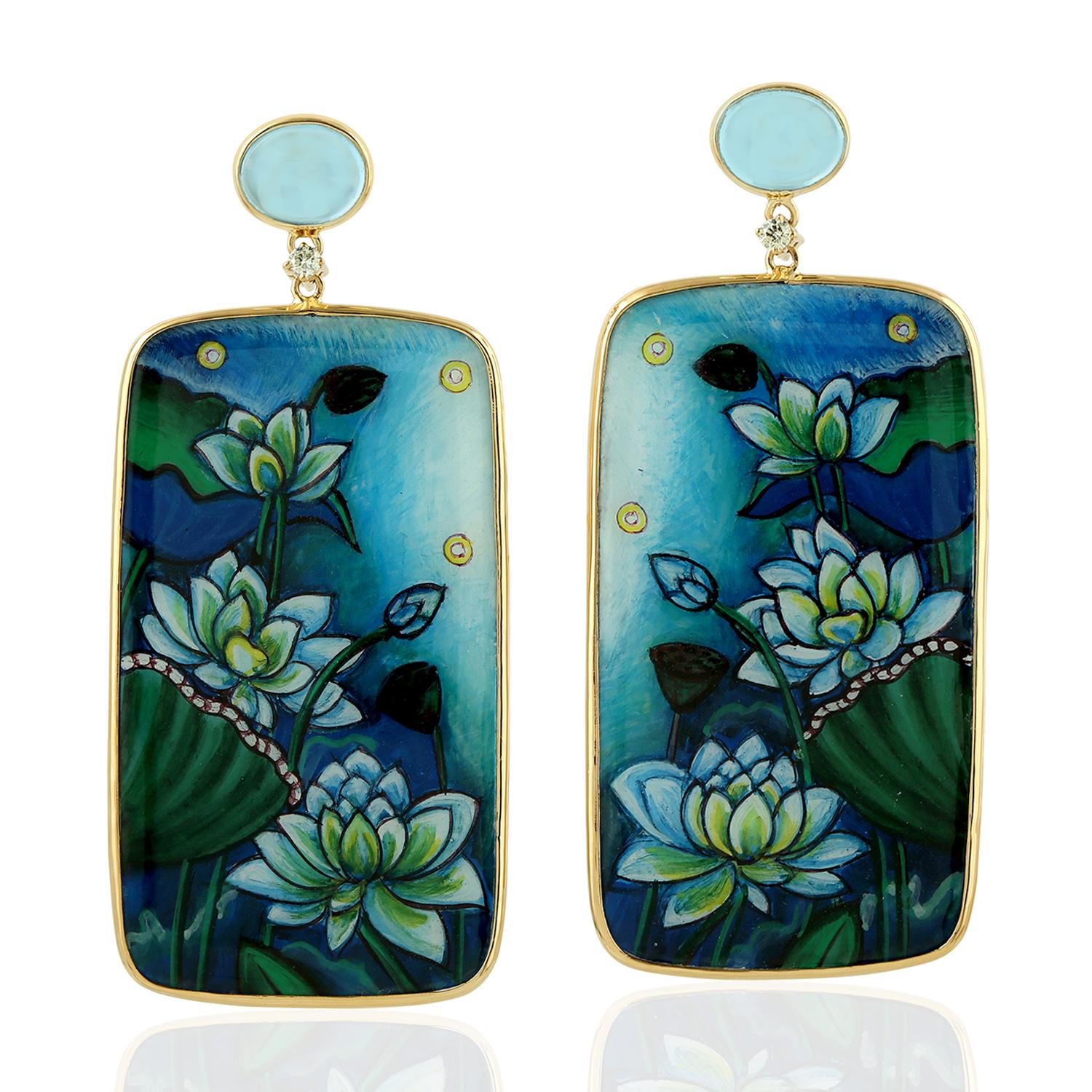Mixed Cut Enamel Hand Painted Earring with Multi Gemstone & Diamonds In 18k Yellow Gold For Sale