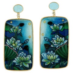 Enamel Hand Painted Earring with Multi Gemstone & Diamonds In 18k Yellow Gold
