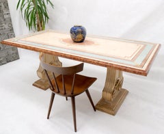 Enamel Decorated Marble Top Dining Table on Carved Gold Lyre Shape Pedestals