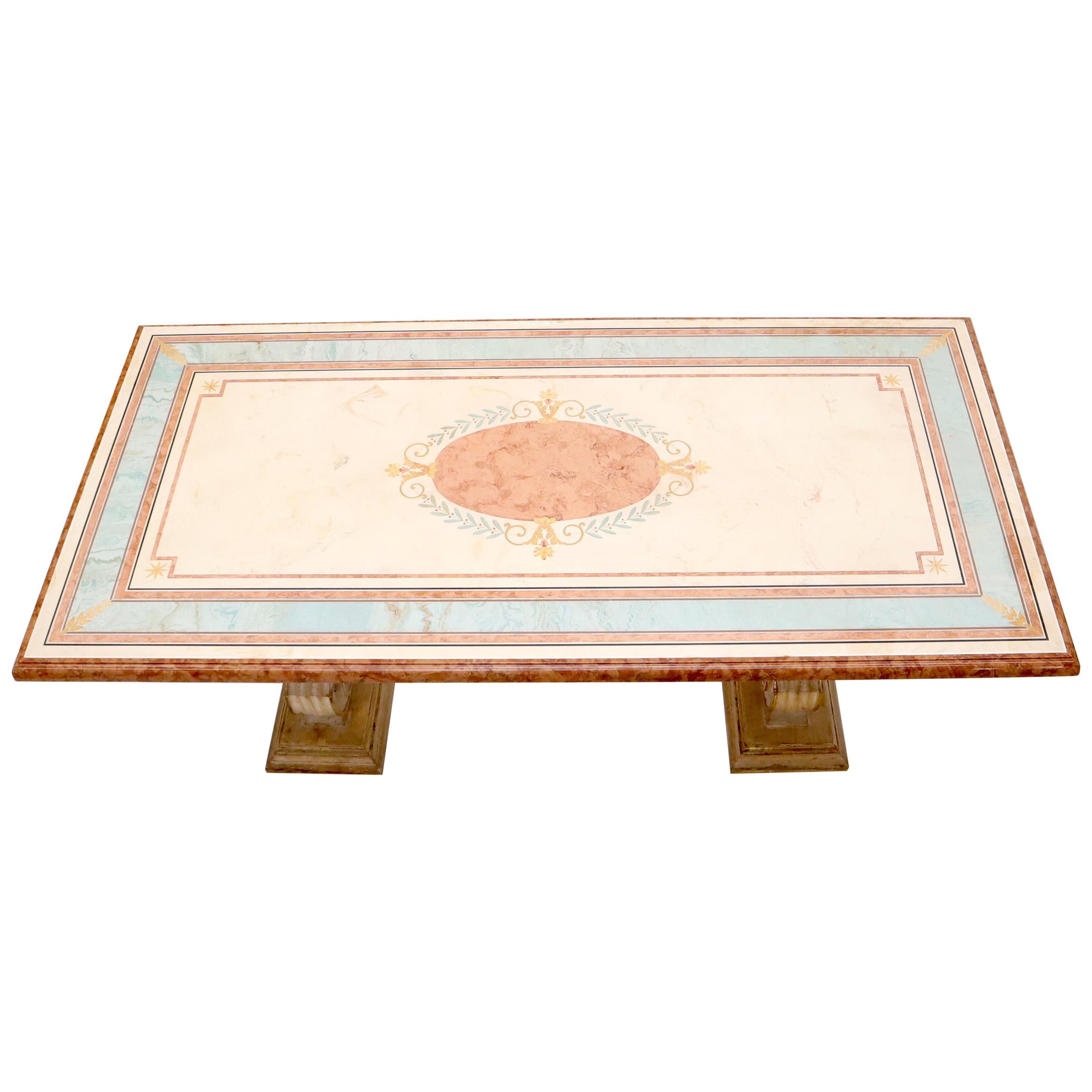 Enamel Decorated Marble Top Dining Table on Carved Gold Lyre Shape Pedestals For Sale