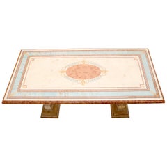 Vintage Enamel Decorated Marble Top Dining Table on Carved Gold Lyre Shape Pedestals