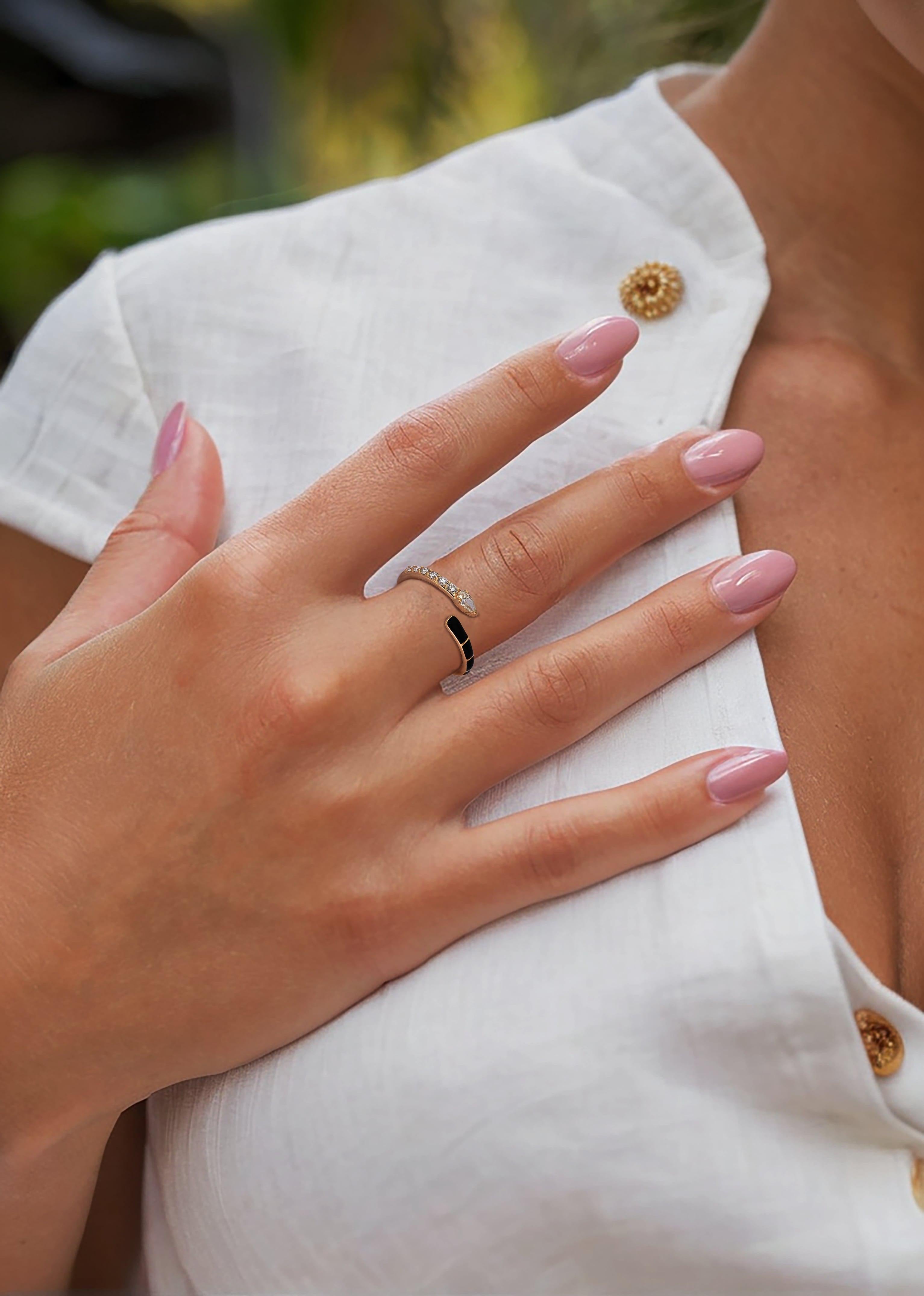 For Sale:  Enamel Diamond 14K Yellow Gold Open Wrap Ring 2