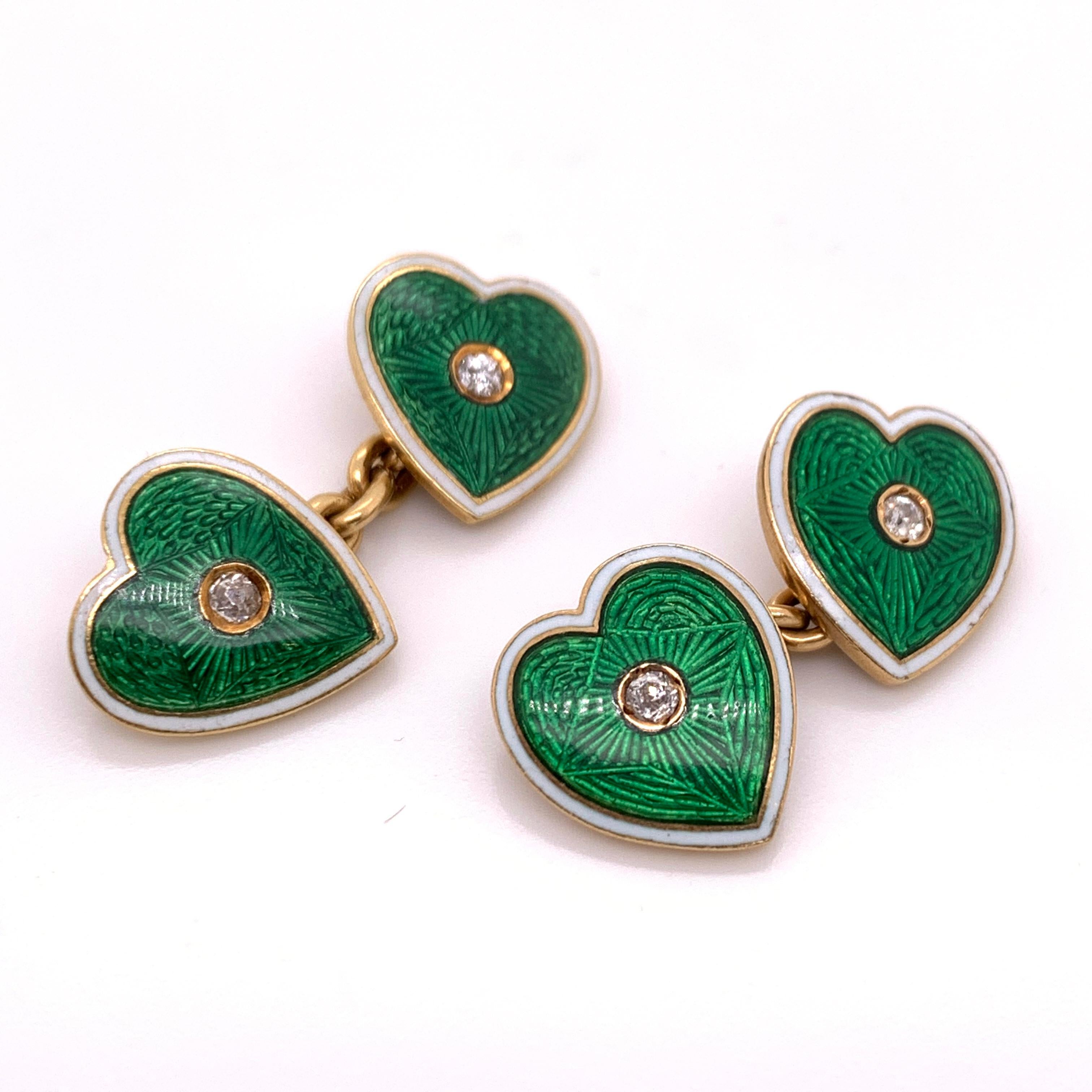 Edwardian Enamel, Diamond and Gold Heart Cufflinks, circa 1915