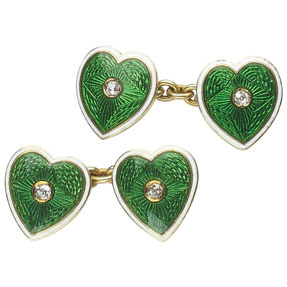Enamel, Diamond and Gold Heart Cufflinks, circa 1915 For Sale