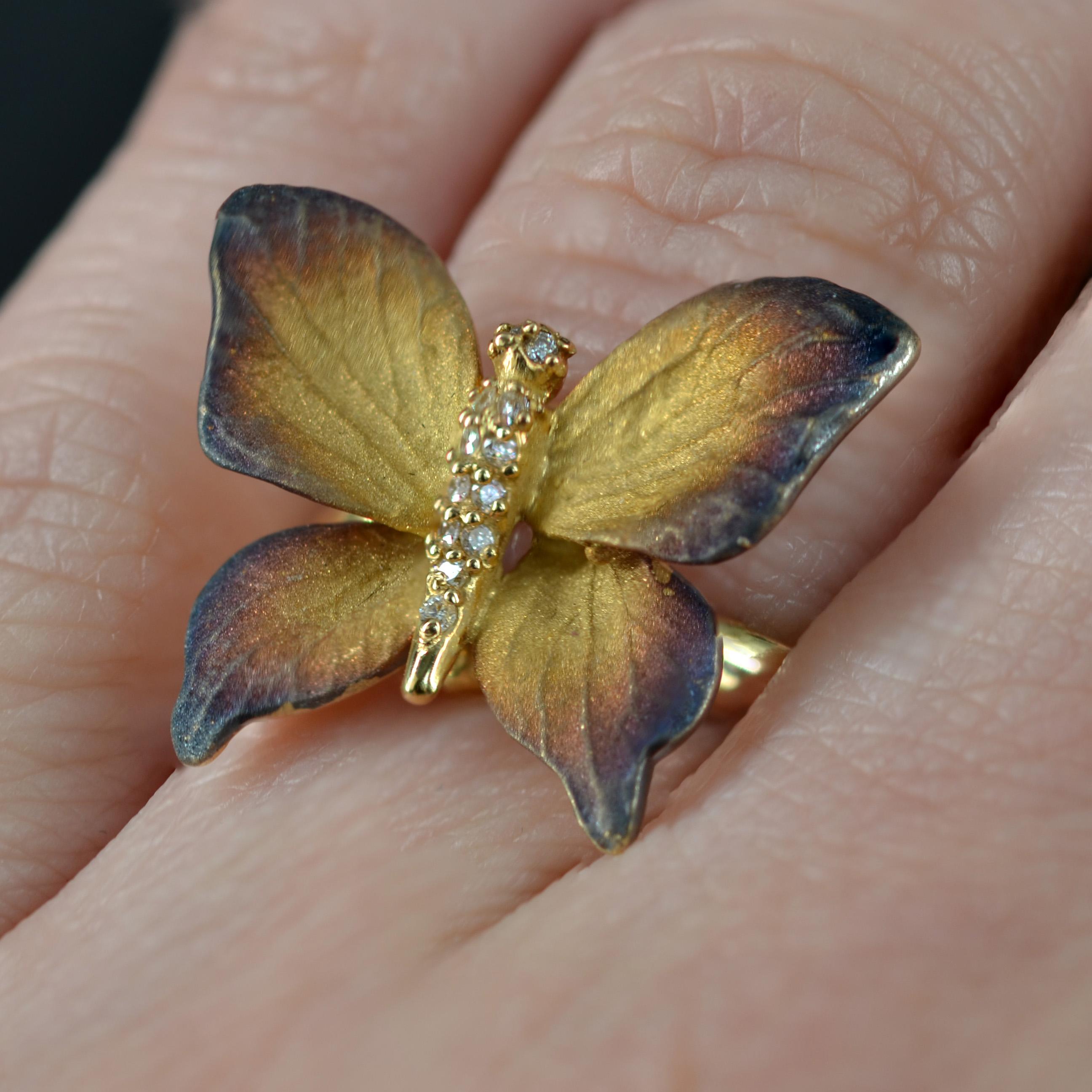 Enamel Diamond and Yellow Gold Butterfly Ring For Sale 3