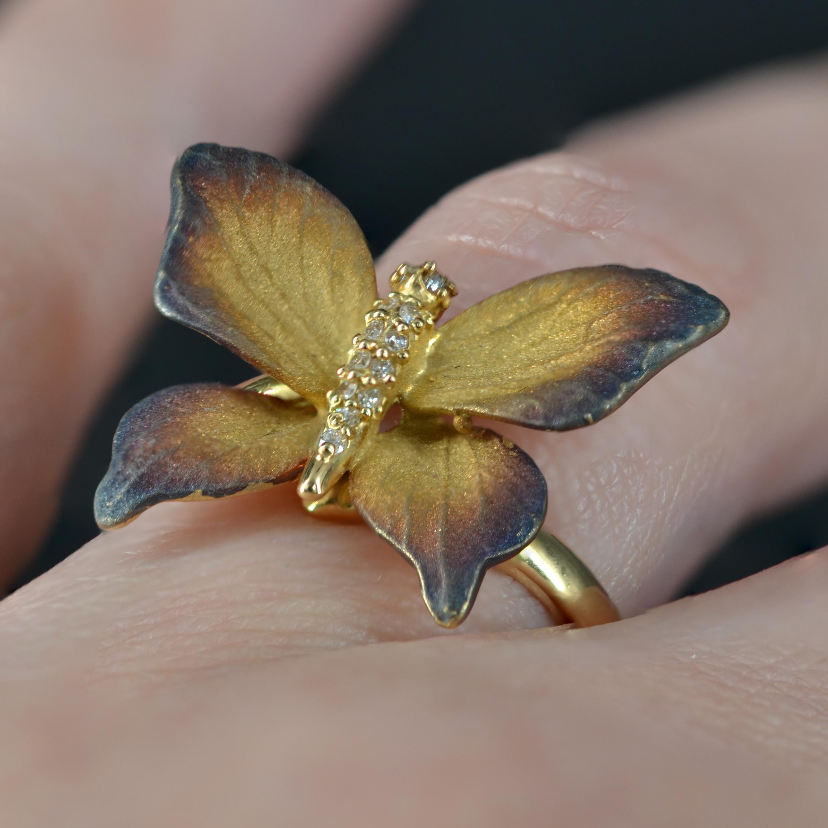 Enamel Diamond and Yellow Gold Butterfly Ring For Sale 6