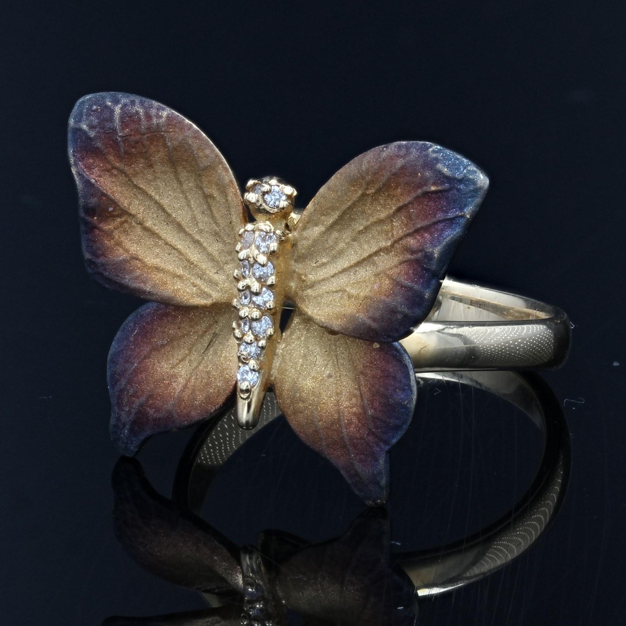 Enamel Diamond and Yellow Gold Butterfly Ring For Sale 8