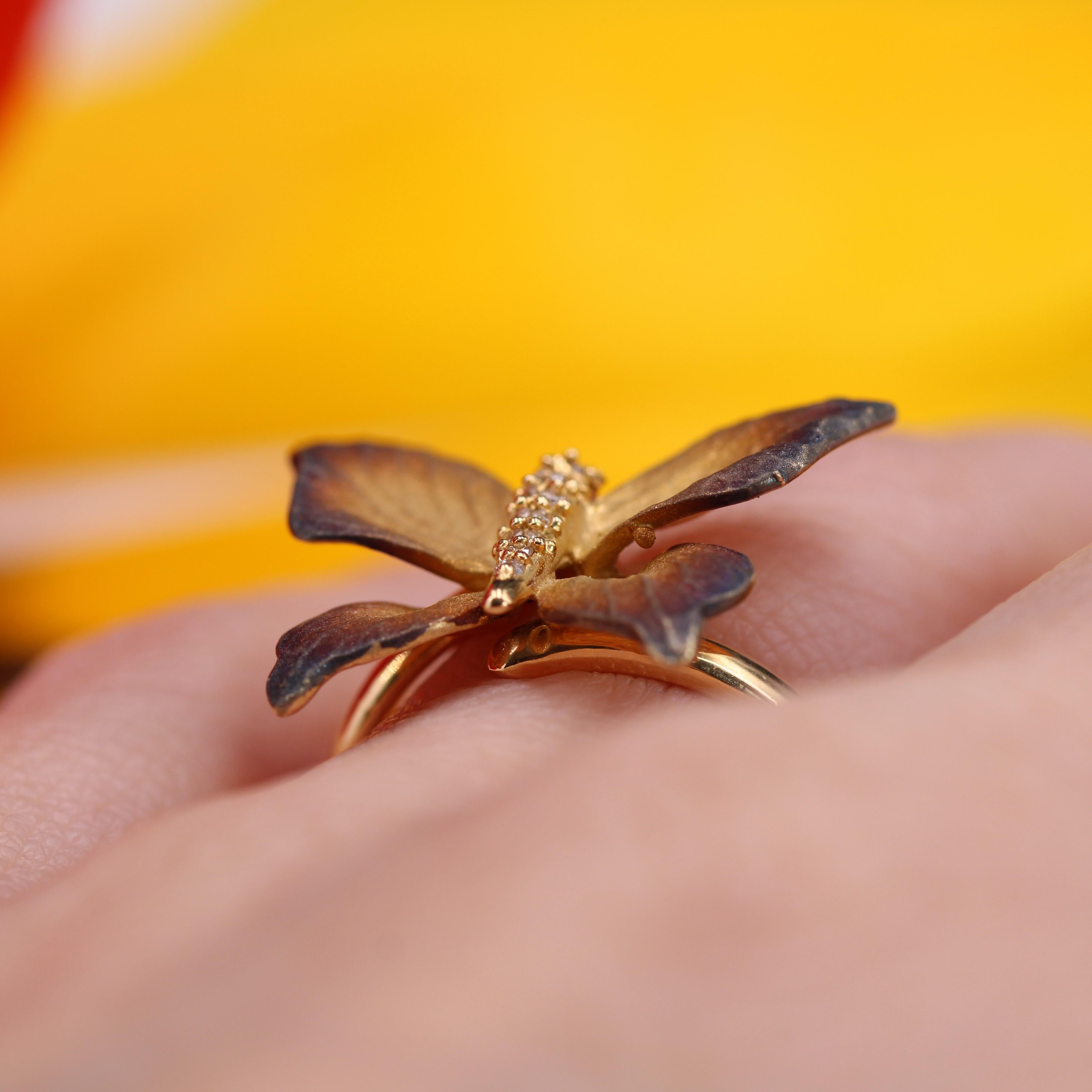 Enamel Diamond and Yellow Gold Butterfly Ring For Sale 7
