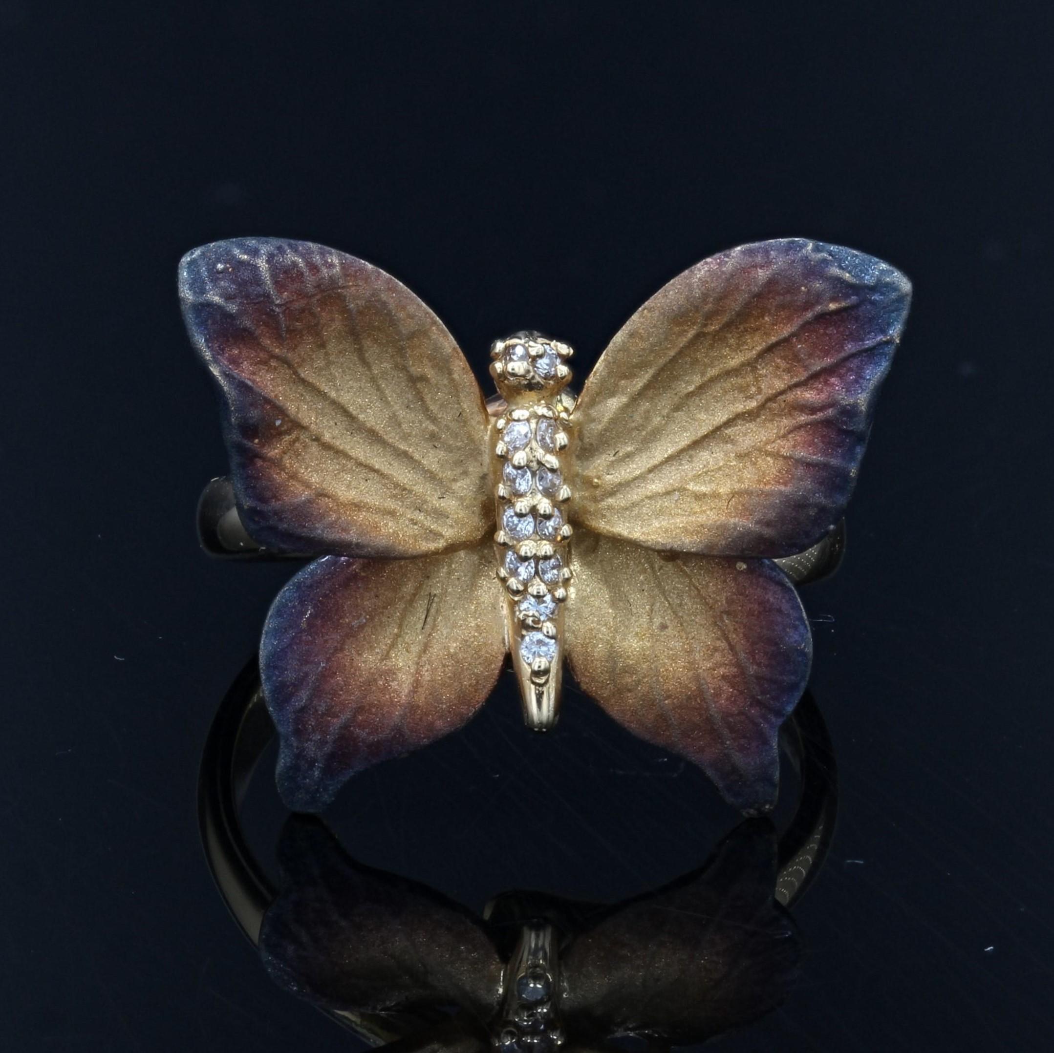 Bague papillon en émail, diamant et or jaune Pour femmes en vente