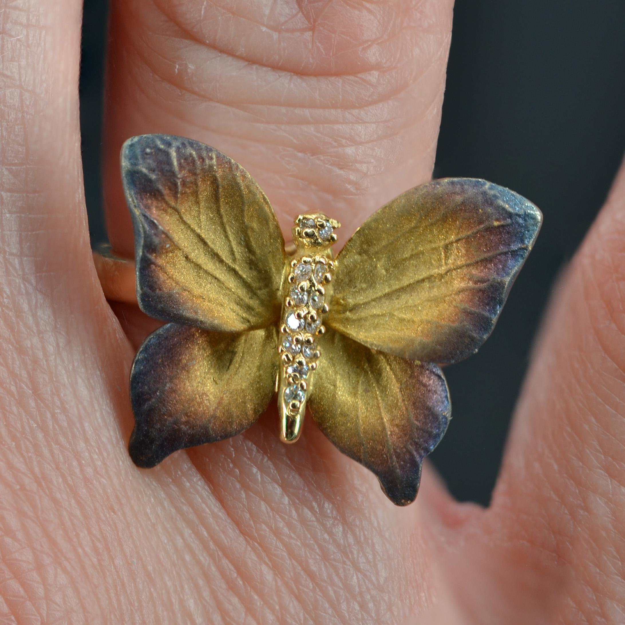 French Cut Enamel Diamond and Yellow Gold Butterfly Ring For Sale