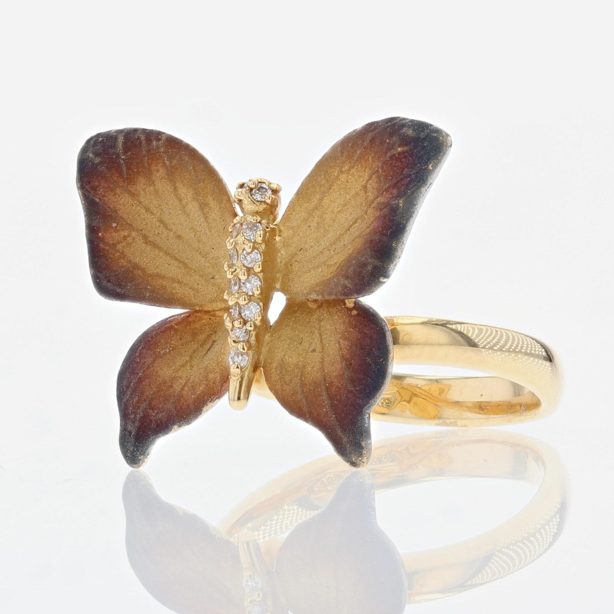 Enamel Diamond and Yellow Gold Butterfly Ring For Sale 2