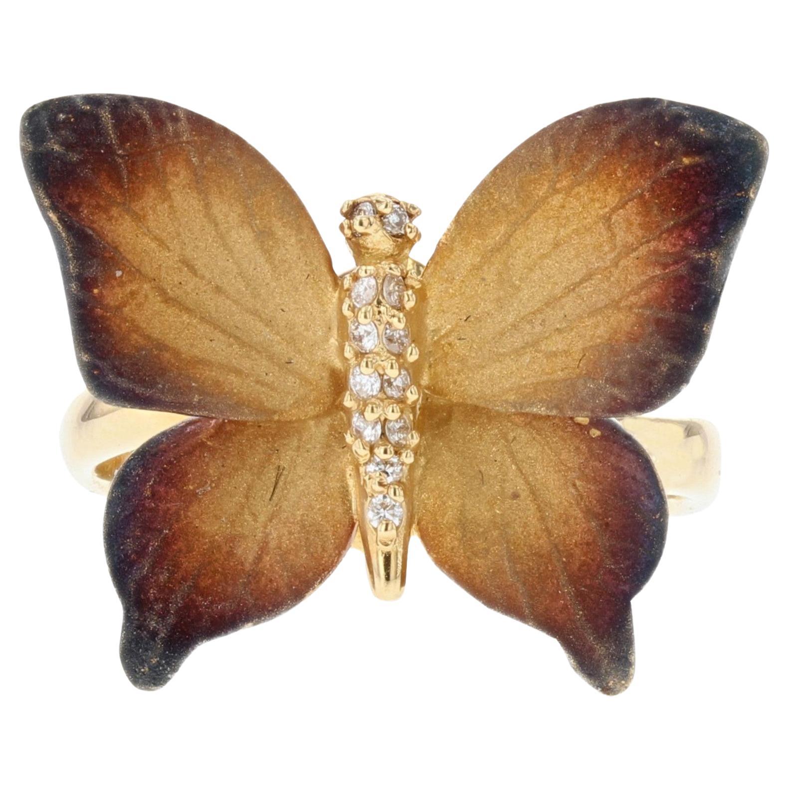 Enamel Diamond and Yellow Gold Butterfly Ring For Sale