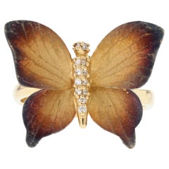 Vintage Enamel Diamond and Yellow Gold Butterfly Ring