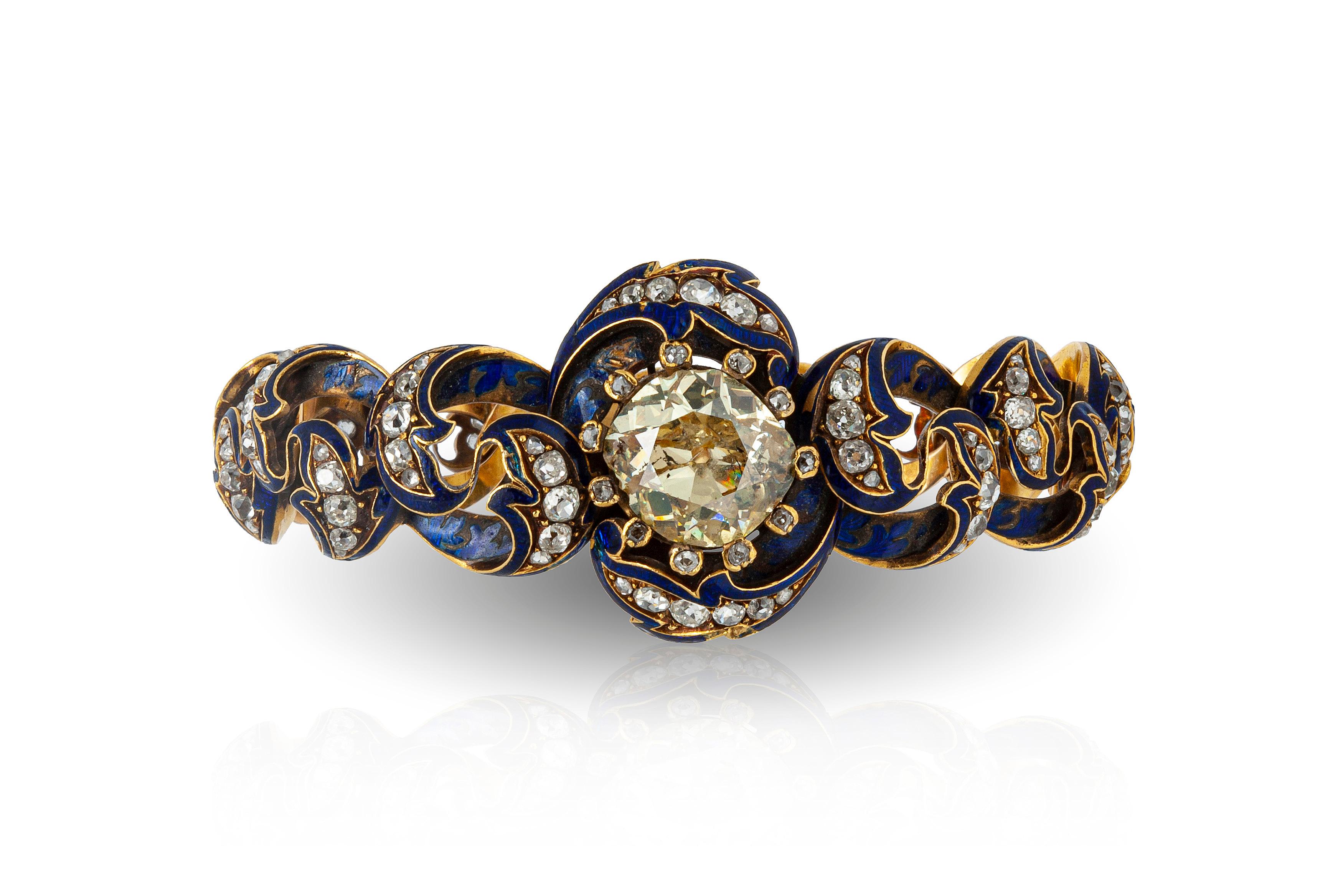 Old European Cut Victorian 9.50 Carat Center Diamond and Blue Enamel Link Bracelet For Sale
