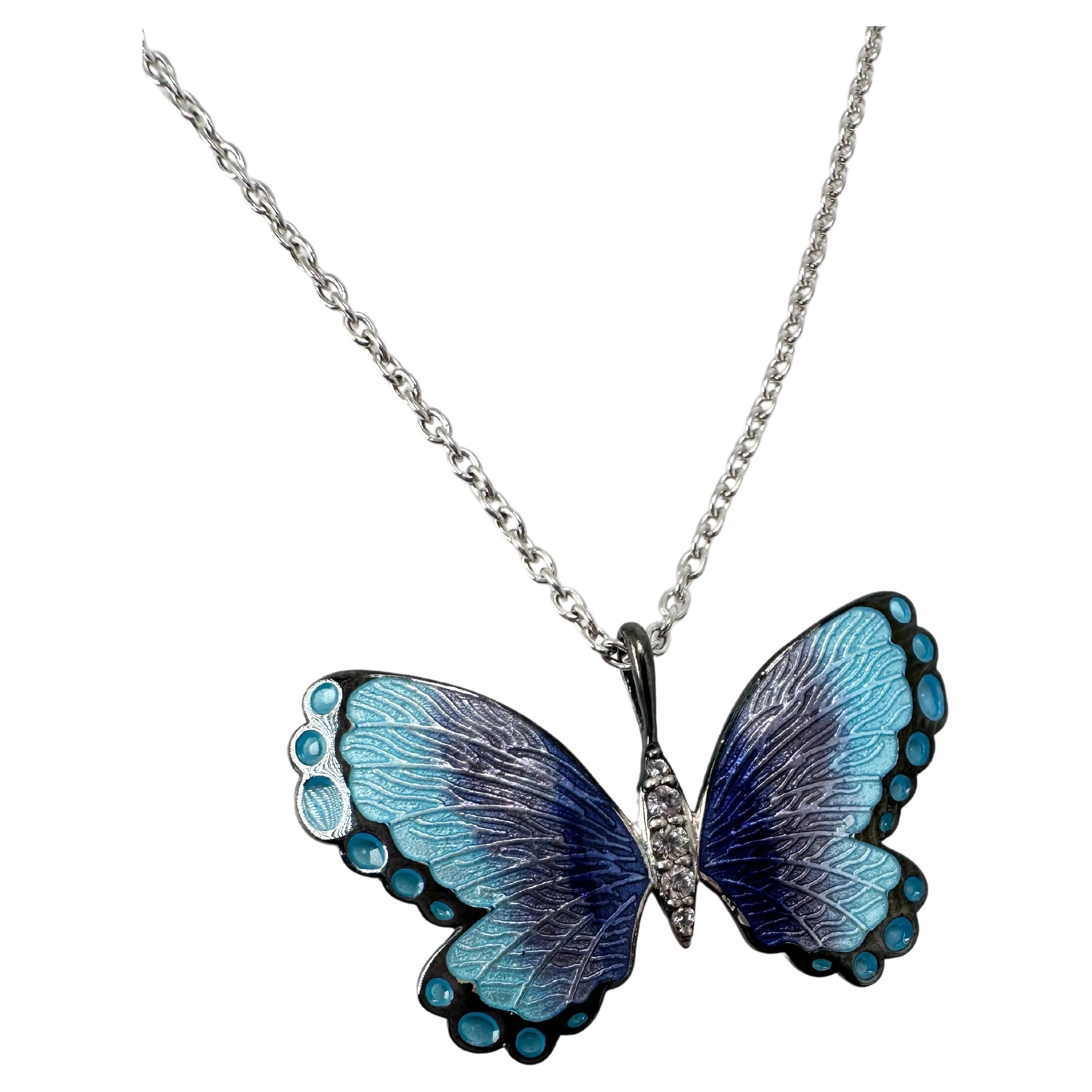 Enamel diamond buttrfly pendant necklace RARE For Sale