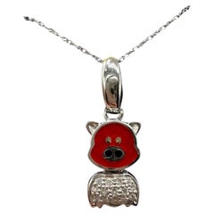 Enamel Diamond Cute Pig Necklace 18K White Gold 0.08ctw 18in New