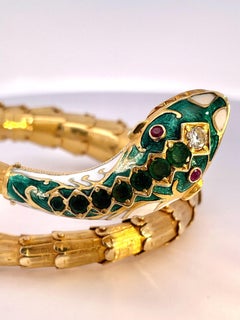 Enamel, Diamond, Emerald Snake Bracelet 14K