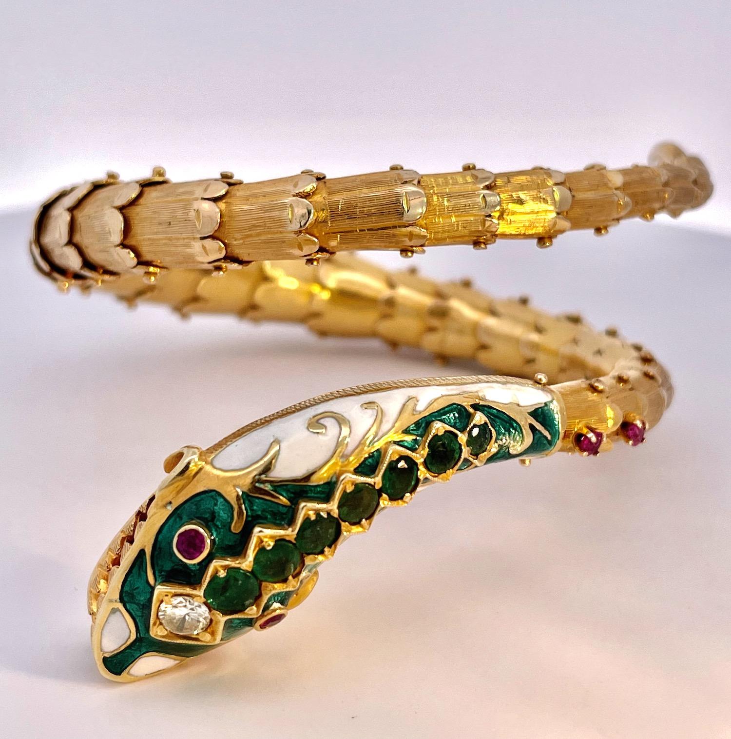 Modern Enamel, Diamond, Emerald Snake Bracelet 14K