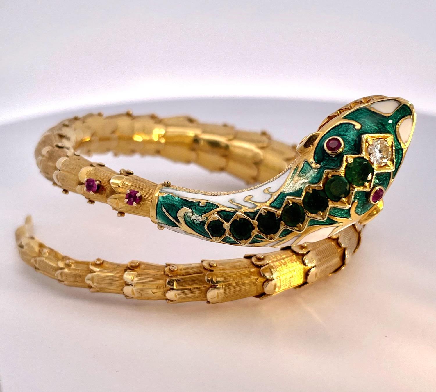 Emerald Cut Enamel, Diamond, Emerald Snake Bracelet 14K