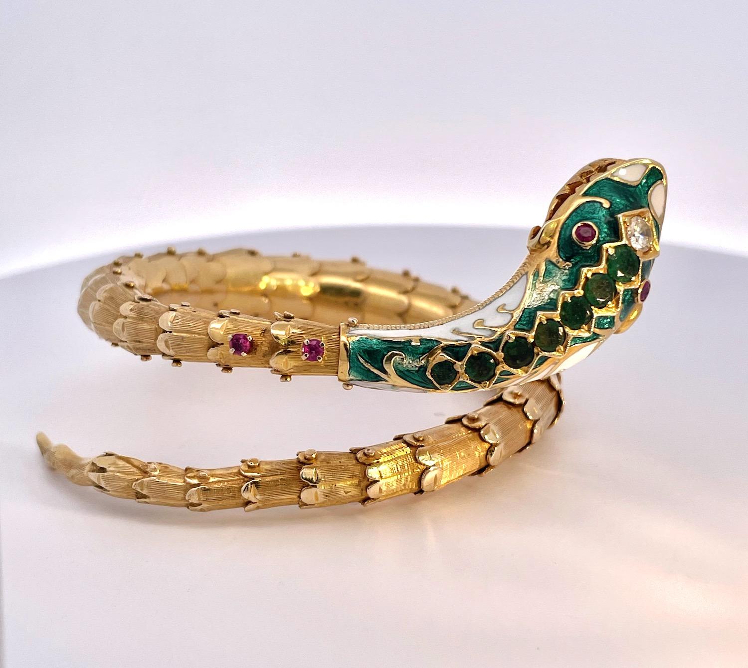 Women's or Men's Enamel, Diamond, Emerald Snake Bracelet 14K