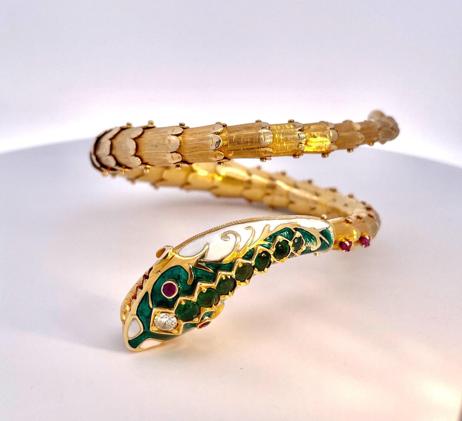Enamel, Diamond, Emerald Snake Bracelet 14K 1