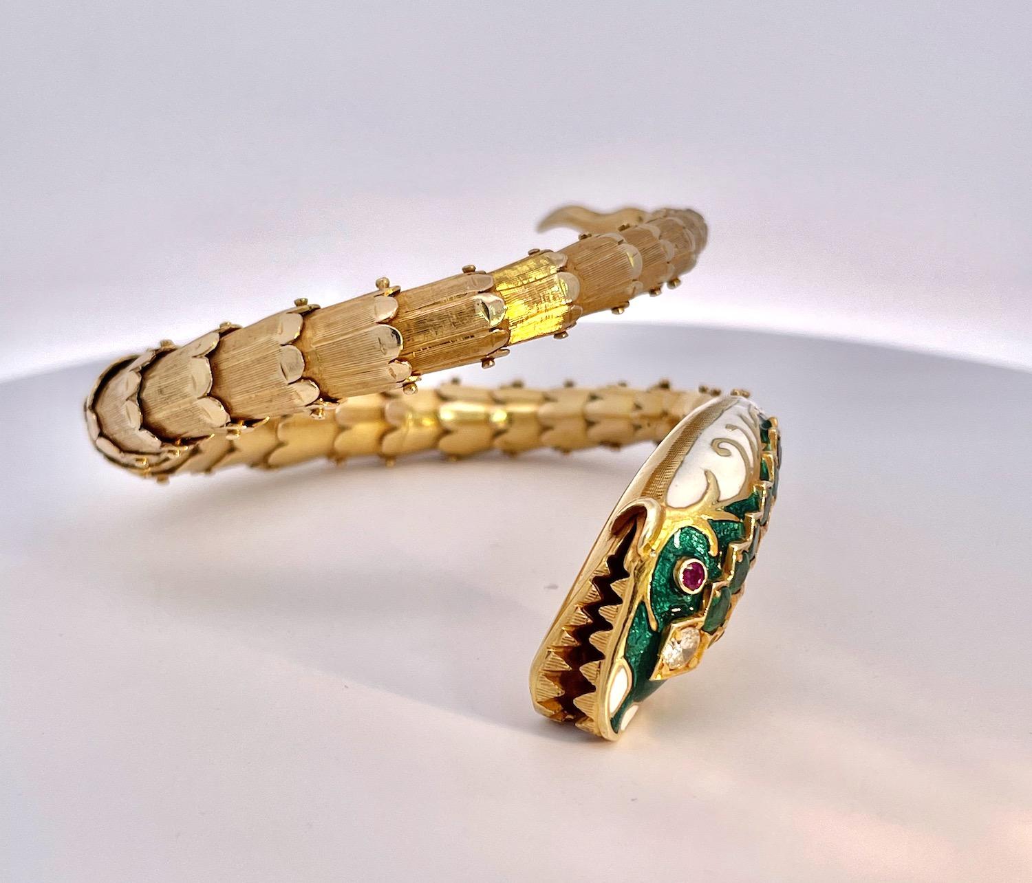 Enamel, Diamond, Emerald Snake Bracelet 14K 2