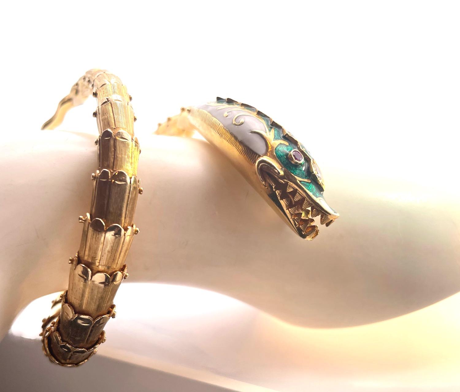 Enamel, Diamond, Emerald Snake Bracelet 14K 3