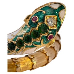 Enamel, Diamond, Emerald Snake Bracelet 14K