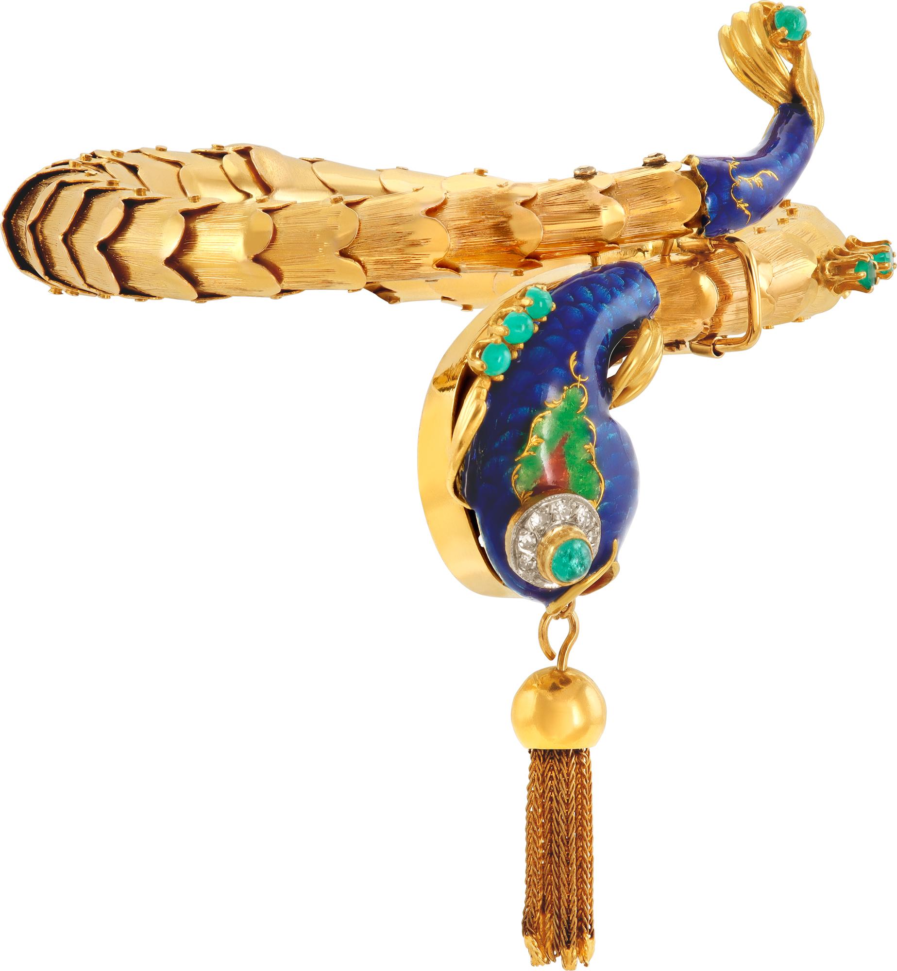 Vintage enamel diamonds & emerald bangle - bracelet, Koi fish in 14k yellow gold. Koi fish head has blue, red and green enamel enhanced with pave diamonds and round cabochon green emeralds. The 14K gold bangle - bracelet imitates the Koi scales.