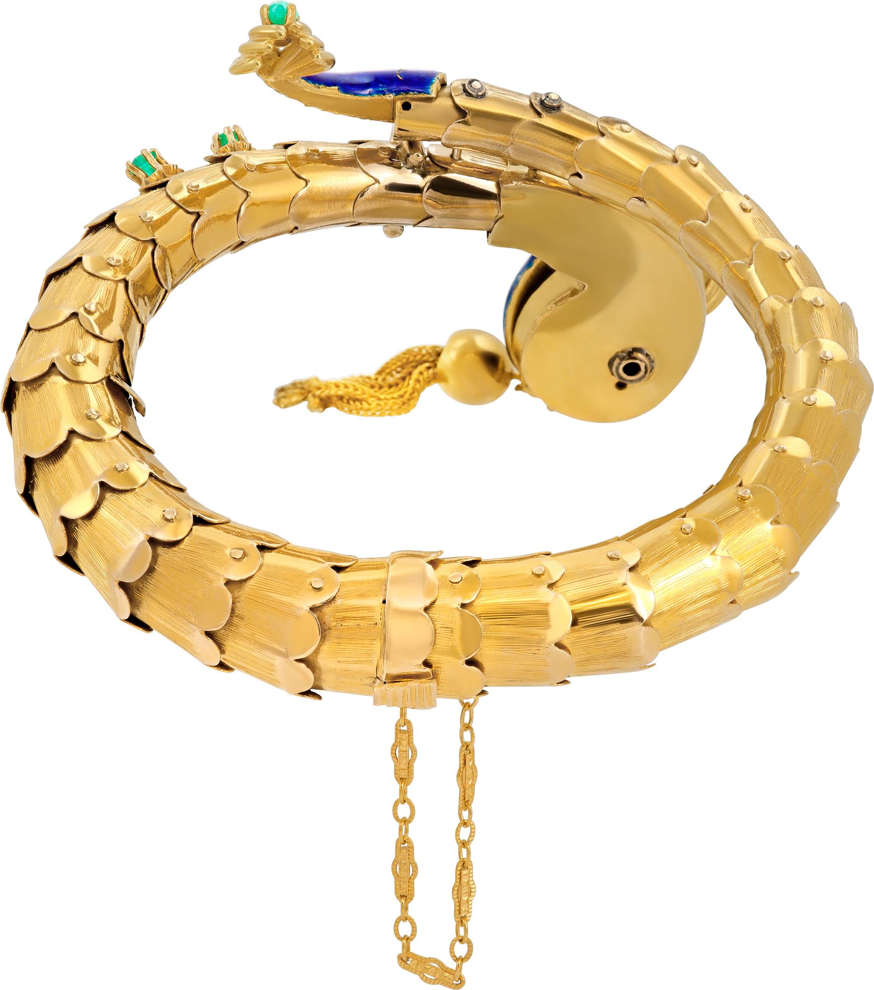 Enamel Diamond Emerald Yellow Gold Koi Fish Bangle Bracelet In Excellent Condition For Sale In Surfside, FL