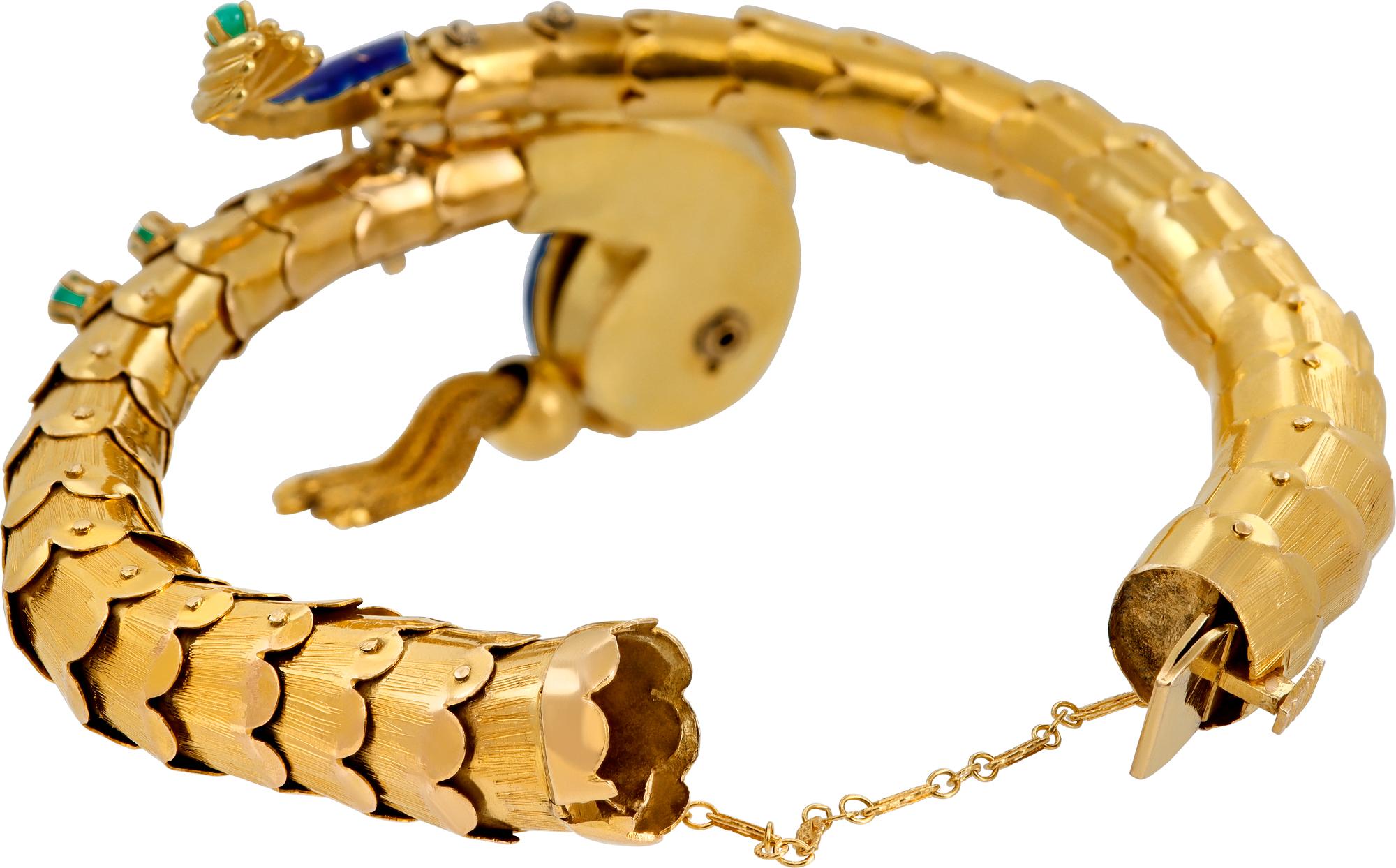 Women's or Men's Enamel Diamond Emerald Yellow Gold Koi Fish Bangle Bracelet For Sale