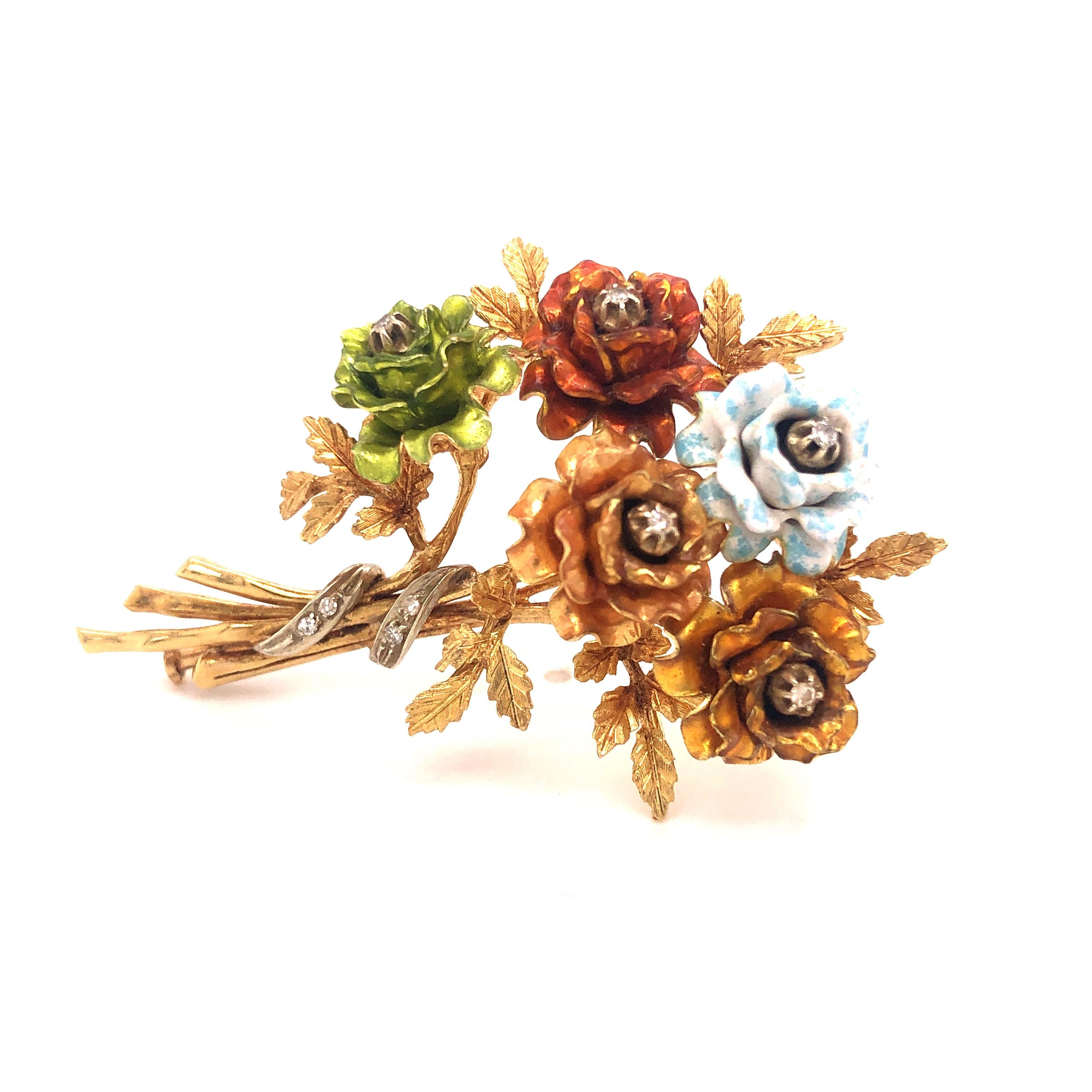 Gorgeous design crafted in 18k yellow gold. This floral brooch shows detail throughout. The highlight of the piece is the colored enamel that decorates the flower petals, allowing this piece to truly pop with color when worn. Details are seen in the